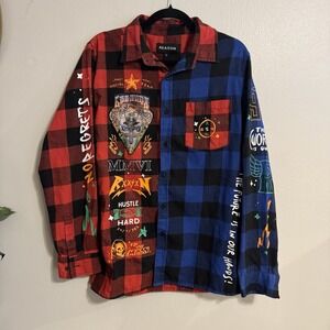 Reason Men's Flannel Jacket Large Multicolor Graphic Plaid Button Down Biker